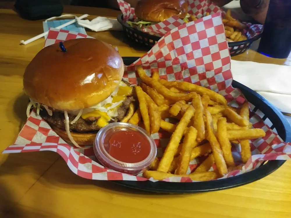 Cheddar Bacon Burger and Brew Fries
